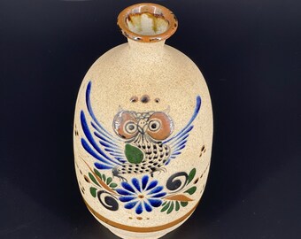 Vintage Tonala Mexican Hand Painted Sandstone Owl Vase Signed