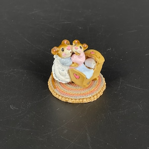 Wee Forest Folk M-69 Beddy-Bye Mousey in Blue and Pink Miniature Mouse Figurine Signed