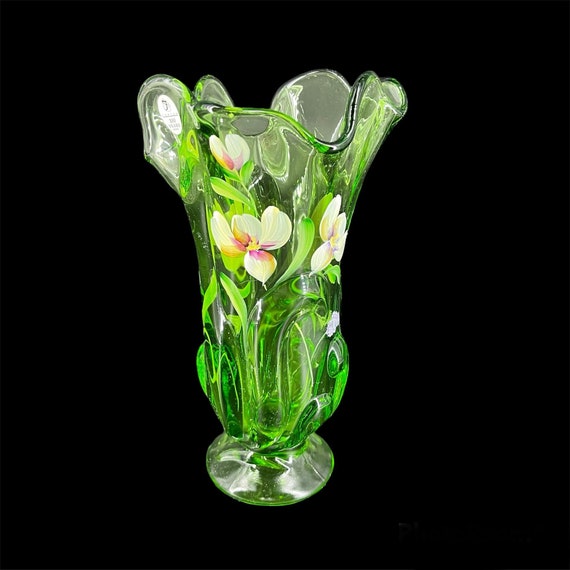 Vintage Fenton Green Glass Hand Painted Floral Vaseby B. Etsy
