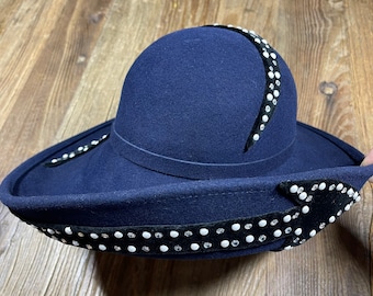 Jack Mcconnell Crystal & Pearl studded Arrow Navy Blue Wool Hat