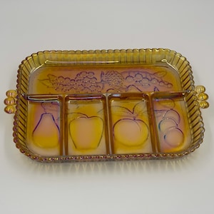 Vintage INDIANA Carnival Iridescent Amber Glass Divided Relish Platter /Fruit Tray /Serving Platter