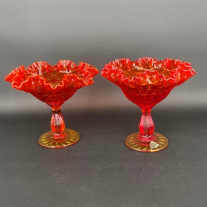 Fenton Art Glass Ruby Amberina Footed Thumbprint Compote with Ruffled Edges Set of 2