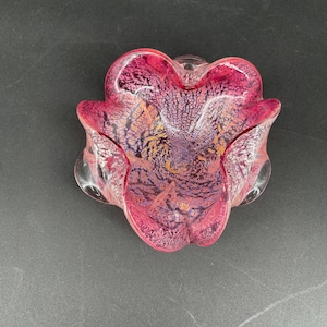 Vintage Murano Silver Flecked Bowl Candy or Ashtray, Mid Century Home Decor, Cranberry Ruffled Art Glass