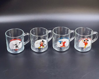 Vintage Collectible Disney Mickey Mouse Glass Mug / Cup By Anchor Hocking Set of 4