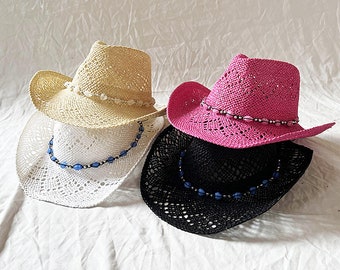 Cappello di paglia con perline d'amore, cappello da sole estivo, cappello di paglia da cowboy occidentale