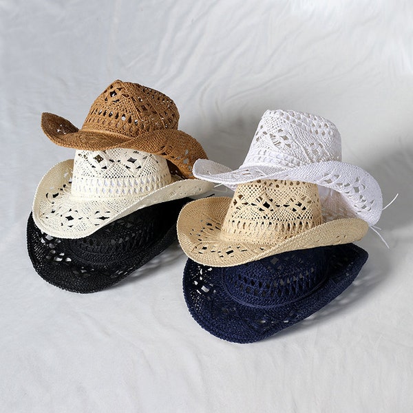 Hand-woven hollowed-out cowboy straw hat, summer sun hat, western cowboy straw hat