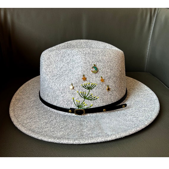 Hand Embroidered Hat, Sun, Moon and Stars hat,Custom Fedora Hats