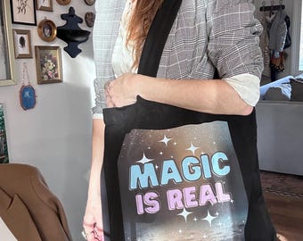 Magic Is Real Black Tote Bag | Witchy Star Design