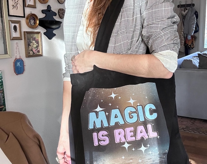 Magic Is Real Black Tote Bag | Witchy Star Design