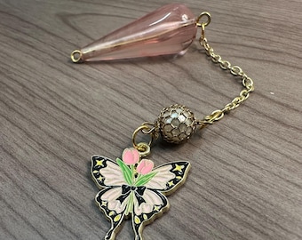 Pink Czech Glass Pendulum: Butterfly Charm, Handmade Dowsing Tool