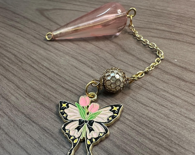 Pink Czech Glass Pendulum with Butterfly Charm | Spring Energy Dowsing Tool | Gentle Clarity & Transformation | Handmade Divination
