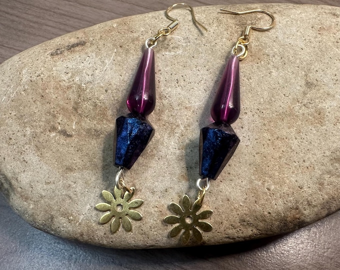 Purple Gold Floral Beaded Earrings: Handmade Statement Jewelry