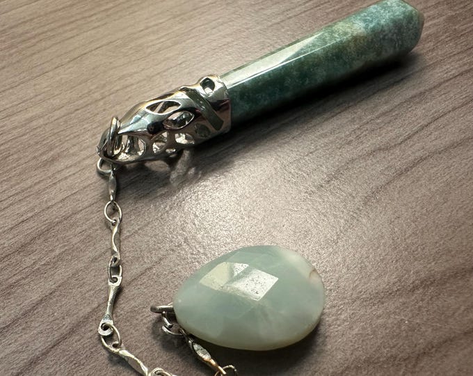 Aventurine Pendulum with soft green bead charm. Eco-Friendly, repurposed materials for Sustainable Dowsing & Divination, Upcycled