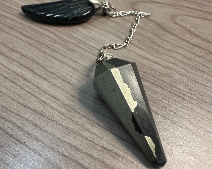 Pyrite Pendulum with Black Angel Wing and Chain. Eco-Friendly Pendulum for Dowsing & Divination Sustainable, Upcycled Materials