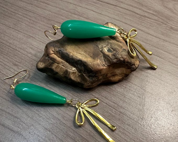 Green Czech Glass Beaded Earrings: Golden Bow Dangles, Handmade Statement Jewelry