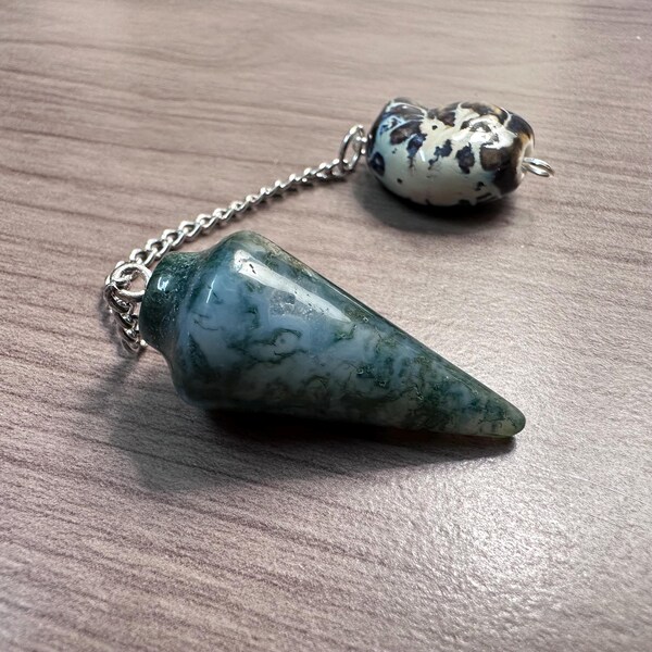 Moss Agate Nautilus Pendulum | Ceramic Shell Dowsing Tool for Divination