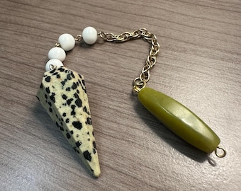 Dalmation Jasper Pendulum: Pearl & Serpentine Dowsing Tool