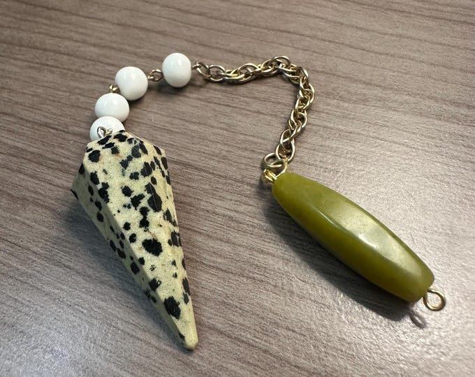 Dalmation Jasper Pendulum: Pearl & Serpentine Dowsing Tool