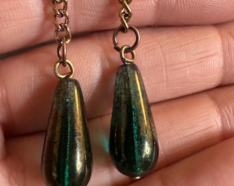 Handmade Green Glass Drop Pendulum Earrings One-of-a-Kind | Multi-Use Functional Jewelry