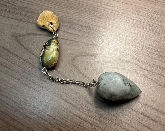 Earth & Intuition Pendulum – Riverstone Handle, Jasper Bead, Faceted Grey Quartz Point.