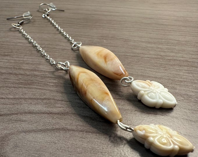 Simple but Lovely Handmade Beaded Drop Earrings | Seashell and Soft Beige Gold Beads | Statement Jewelry One-of-a-Kind