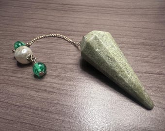 Milky Green Vesuvianite Dowsing Pendulum | Vintage pearl and glass bead Handle, Intuition Tool