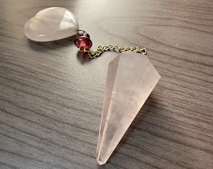 Rose quartz pendulum with rose quartz heart stone handle – Spiritual Dowsing & Divination Tool, love and open heart.
