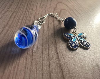 Vintage Blue Glass Pendulum: Butterfly Charm Dowsing Tool
