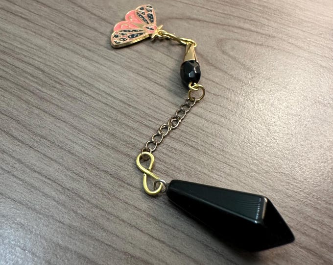 Black Agate Pendulum with Butterfly Charm & Vintage Beads | Grounding + Transformation | Handmade Dowsing Tool | One of a Kind