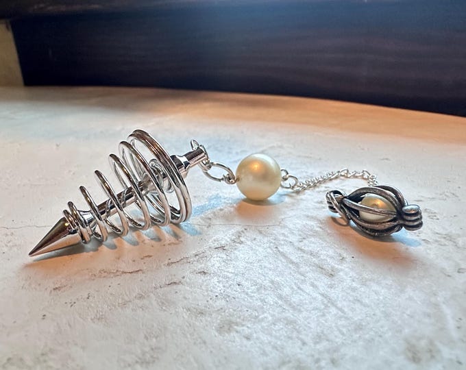 Swirly Silver Dowsing Pendulum | Pearl Encased Metal | Pearl Beads | Divination Tool