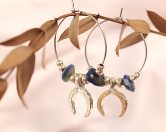 Boucles d'oreilles « Manui » en argent avec pendentif lune et pierres précieuses