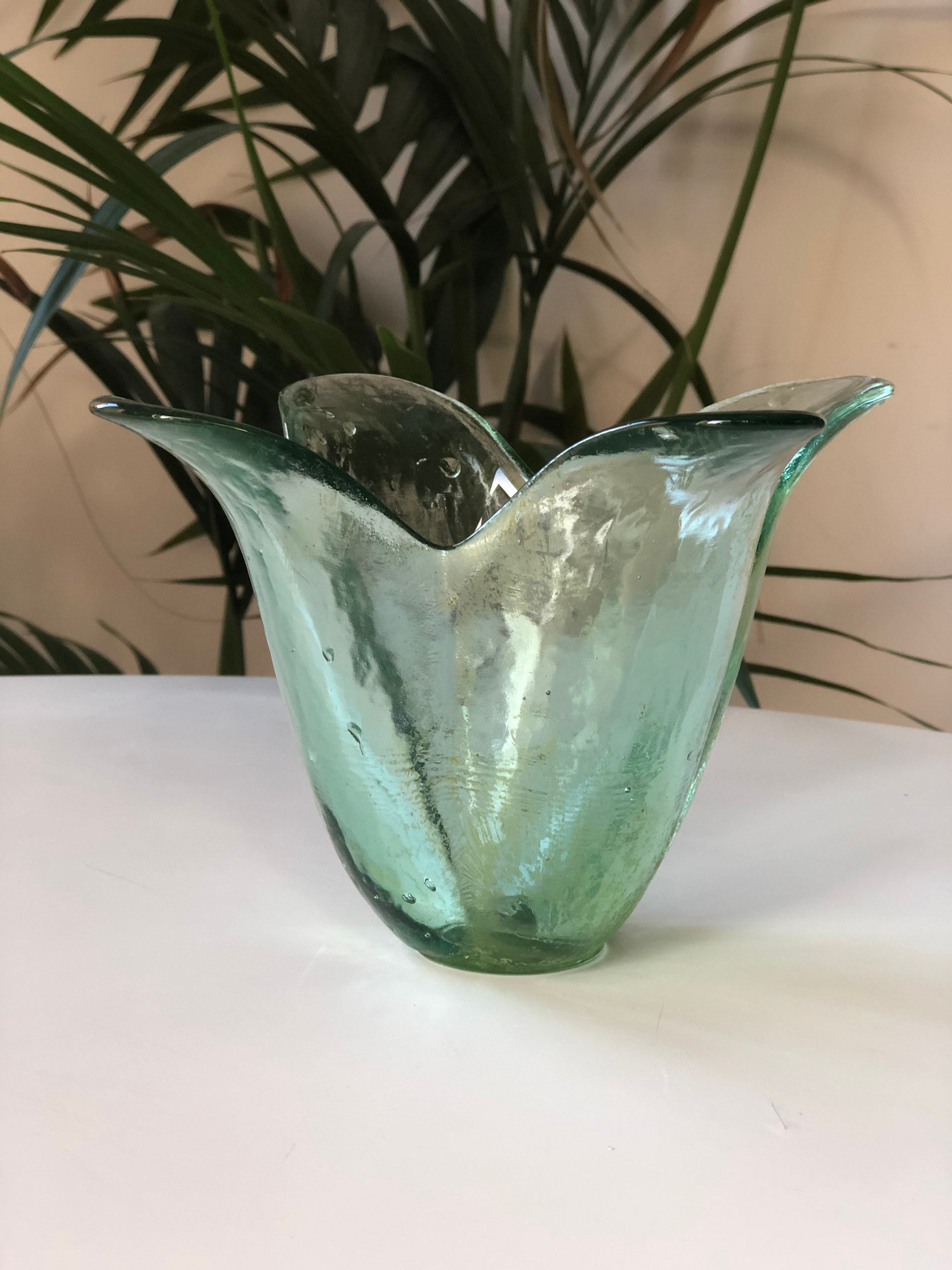 Vintage green glass handkerchief vase Etsy