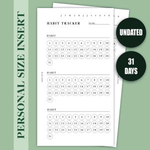 May include: A white personal size habit tracker paper insert with black text. The layout features three sections for habits, each containing numbered circles from 1 to 31. The top includes months J through D and a blank line for the year. Text reads: PERSONAL SIZE INSERT, UNDATED, 31 DAYS.