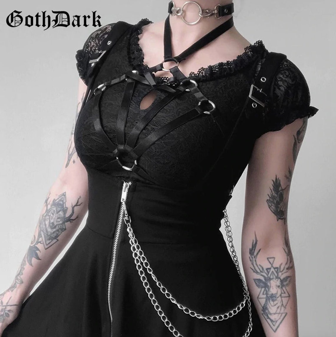 Goth Dark Backless Pleated Dress with Chain and Rivets Black Etsy