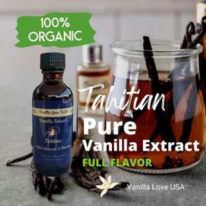 PURE VANILLA EXTRACT, natural, real extract made with organic Vanilla Beans.  We make our extract in artisinal 5 Gal batches and finish the curing process in aged Oak barrels.

NO SUGAR, NO COLORING, NO ADDITIVES
FREE SHIPPING