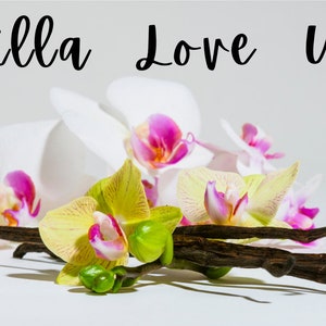 May include: Vanilla bean pods and white orchids with pink and yellow accents. The text "Vanilla Love USA" is written above the flowers.