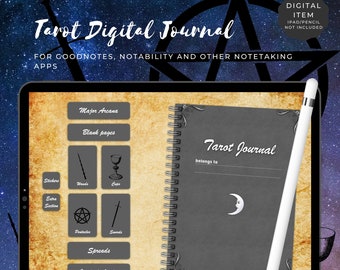 May include: A digital journal app for iPad with a gray cover and a crescent moon design. The app includes sections for Major Arcana, blank pages, stickers, wands, cups, pentacles, swords, spreads, and card of the day. The text "Tarot Journal belongs to" is at the top of the journal.