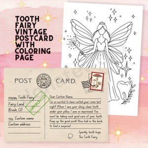 Cartão postal personalizado da fada do dente com página para colorir desenhada à mão, recibo de carta de nota de presente retro da fada do dente, modelo editável do Canva