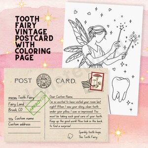 Postal personalizable del Hada de los Dientes con página para colorear dibujada a mano, recibo de carta de nota de regalo del Hada de los Dientes retro, plantilla Canva editable