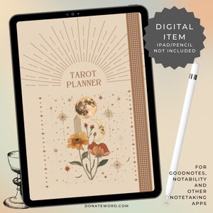 May include: Digital planner for Goodnotes and other note-taking apps. The cover features a tarot card design with a moon, stars, and flowers in a vintage style.
