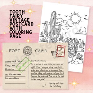 Cartão postal personalizado da fada do dente com página para colorir ocidental de cowboy desenhada à mão, recibo de carta de nota de fada do dente retrô, modelo editável em Canva