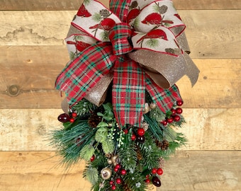 Christmas Farmhouse Cardinal Teardrop Swag with Long Needle Pine Cones and Berries,  Small Holiday Swag Wreath with Red and Gold Plaid Bow