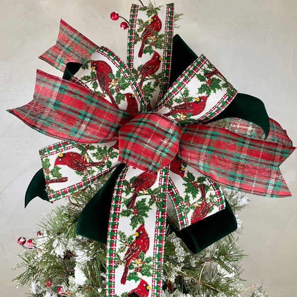 Red Plaid  Cardinal Christmas Bow, Seasonal Green Velvet Holiday Lantern Swag, Red Bird Tree Topper Accent, Wreath Decoration, Mailbox Decor