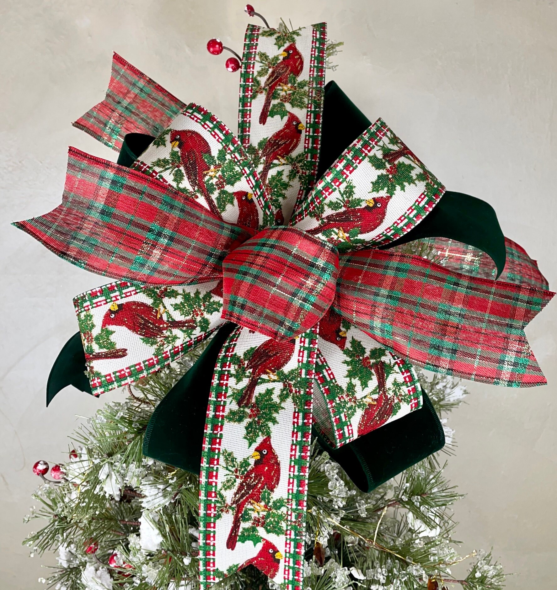 Red Plaid Cardinal Christmas Bow, Seasonal Green Velvet Holiday Lantern