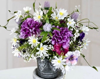 Purple Hydrangea, Daisy and Petunia Floral Arrangement,  Farmhouse  Country Flowers for Mother's Day Gift, Spring Dining Table Centerpiece