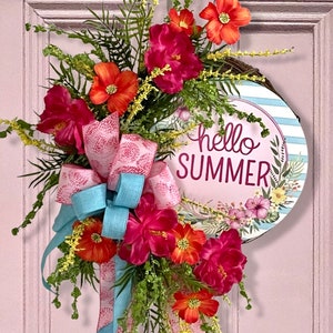 Colorful Summer Hibiscus and Cosmos Floral Wreath, Tropical Front Door Wreath, Hello Summer Pool Party Decor, Outdoor Garden Wreath