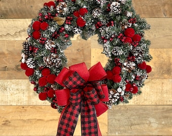 Classic Farmhouse Christmas  Wreath with Pinecones and Berries, Front Door Red Buffalo Plaid Holiday Wreath, Flocked Evergreen Wreath