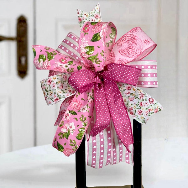 Pink and White Floral Wreath Bow for Mother's Day Wreath, Spring  Lantern Swag Topper, Polka Dot Bow with Streamers, Large Gift Basket Bow