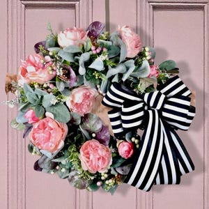 French Farmhouse Peony Wreath, Pink Peony and Lambs Ear Wreath, Spring and Summer Front Door Wreath, Cottage Wedding or Baby Shower Decor
