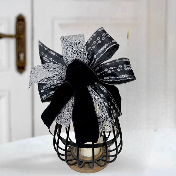 Silver Sequin and Black Velvet Winter Lantern Swag, Elegant Glam Wedding Pew Bow, Large Gift Bow, Door Hanger, Bow for Wreath or Bannister